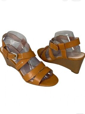 TAHARI Valen Wedge Crisscross Sandals Camel Brown Genuine Leather Open Toe 9